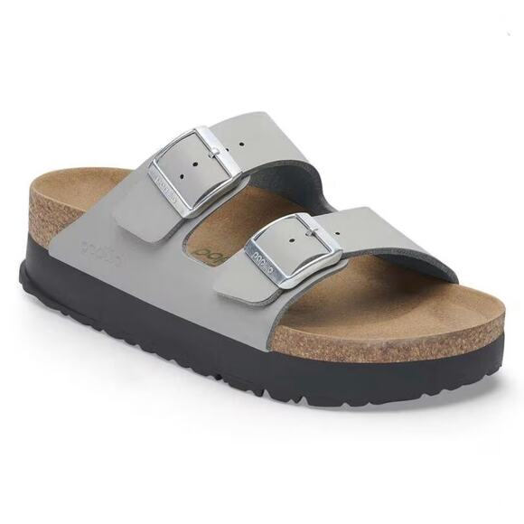 Birkenstock Shoes - BIRKENSTOCK | Slide Sandals Arizona Flex Platform "Stone Coin" Gray Vegan | 38
